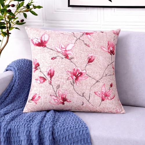 Image of Floral Throw Pillow Cover 18x18 Inch Set of 1, Square, Decorative Cushion Cover for Sofa Couch Bed, Vintage Flower Pillowcase for Living Room Bedroom Home Decor (Only Cushion Cover- Pink)