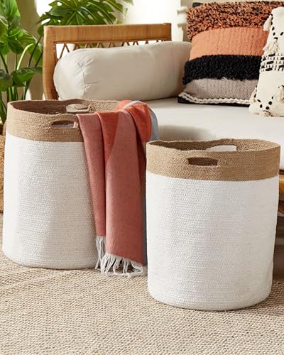 Set Di 2 Cesti In Cotone E Iuta Di Colore Bianco E Beige Stile Boho Interno Esterno - 2