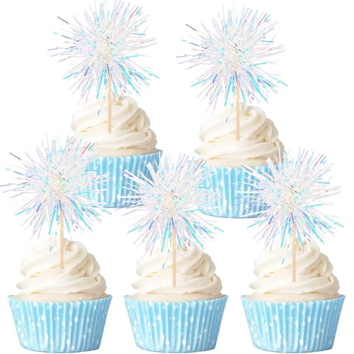 Gleevio 40 Stück Happy Birthday Tortendeko Feuerwerk Weiß, Muffin Deko Hochzeit, Glitzer Cupcake Topper Geburtstag Feuerwerk, Kuchendeko für Geburtstag Weihnachten Silvester Taufe, 7x14cm