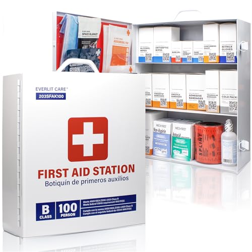 EVERLIT CARE 3-Shelf OSHA-Compliant First Aid Kit, ANSI Class B+ 100 Person Emergency First Aid Cabinet for Buiness, Job Site, Industrial Manufacturing Facility, Restaurant, and Kitchen