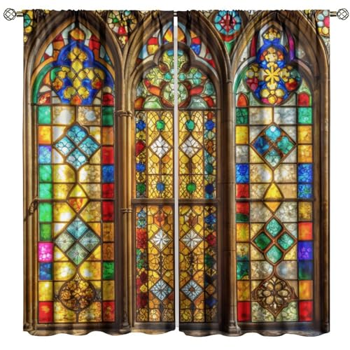 PHTAYOT Vintage Stained Glass Curtains, Mid Century Retro