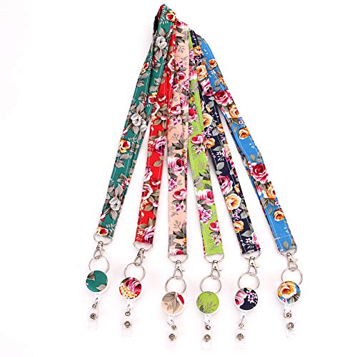 New Design Rose Flower Soft Cloth Lanyard with ID Holder Sets - 6 Set of Lanyard with Retractable Badge Reel and ID Card Holder (6xflower)