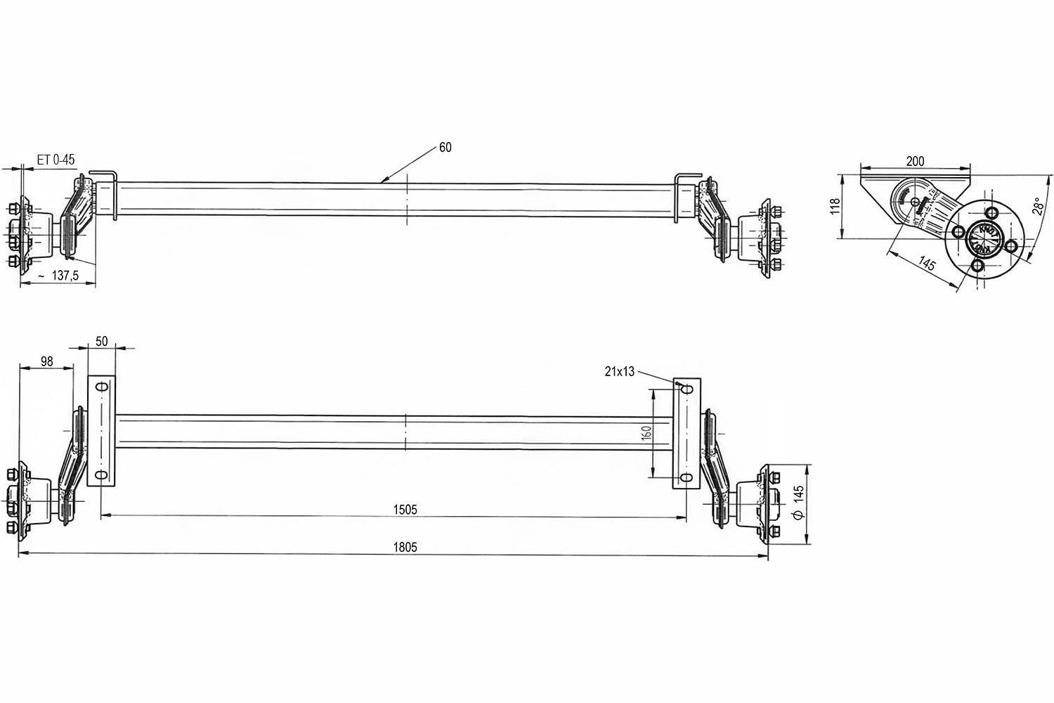 Knott Eje sin Freno para Remolque VG7 1505 mm 750 kg
