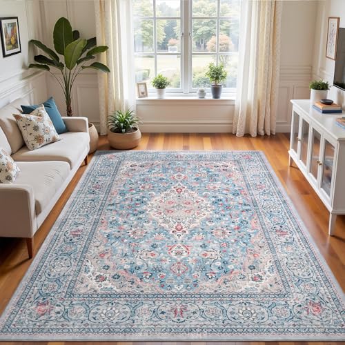 Flagover 4x6 Blue Washable Boho Area Rug for Bedroom, Vintage Floral Non Slip Living Room Rugs, Soft Low Pile Indoor Mat, Aesthetic Pattern Carpet for Kitchen, Dining Room and Bedside