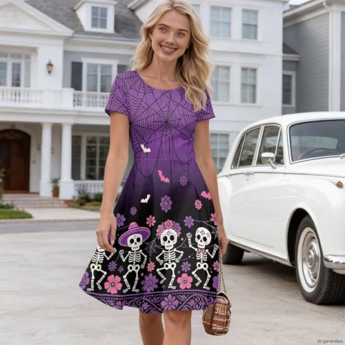 Image of HUGS IDEA Womens Puffy Swing Midi Dress Round Neck Short Sleeve Party A-Line Dresses