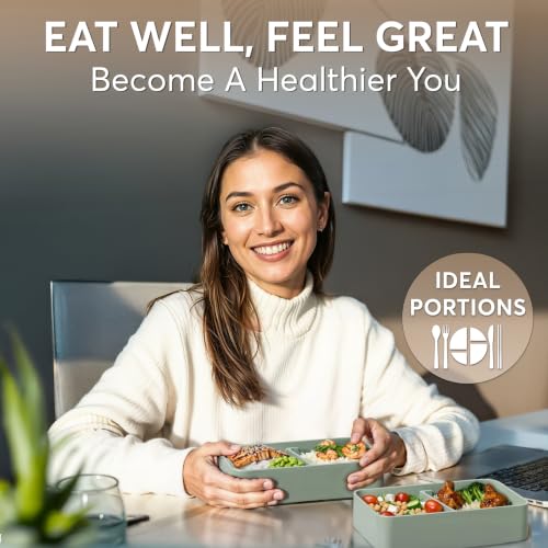 Image of Umami Bento Box Adult All-In-1 w /4 Utensils, 2Sauce Jars, 2 Dividers, 100% Leakproof, Microwave & Dishwasher Safe, Stackable Bento Lunch Box Containers for Men & Women, Green, 40 oz