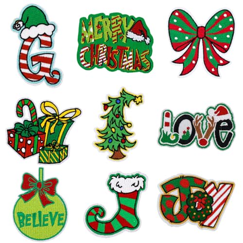 9PCS Green Christmas Iron on Patches Cartoon Cute Bell Christmas Tree Bow Stocking Gift Box Xmas Green Patch Embroidered Applique Christmas Decoration Winter Holiday DIY Crafts Gift for Clothing Hat