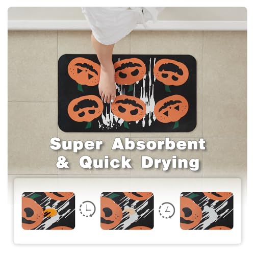 Halloween Bath Mat, Thin Halloween Bathroom Rug Non-Slip Quick Dry Pumpkin Bath Mat Fits Under Door Thin Floor Mat Halloween Decor, 17’’x30‘’, Pumpkins Black