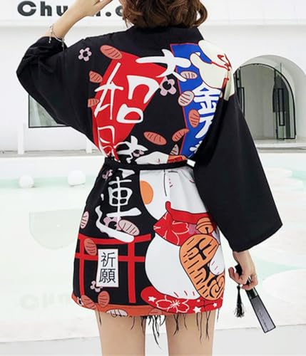Image of LAI MENG FIVE CATS Women's Lucky Cat Cardigan Kimono Loose Cover up Casual Blouse Cute Tops