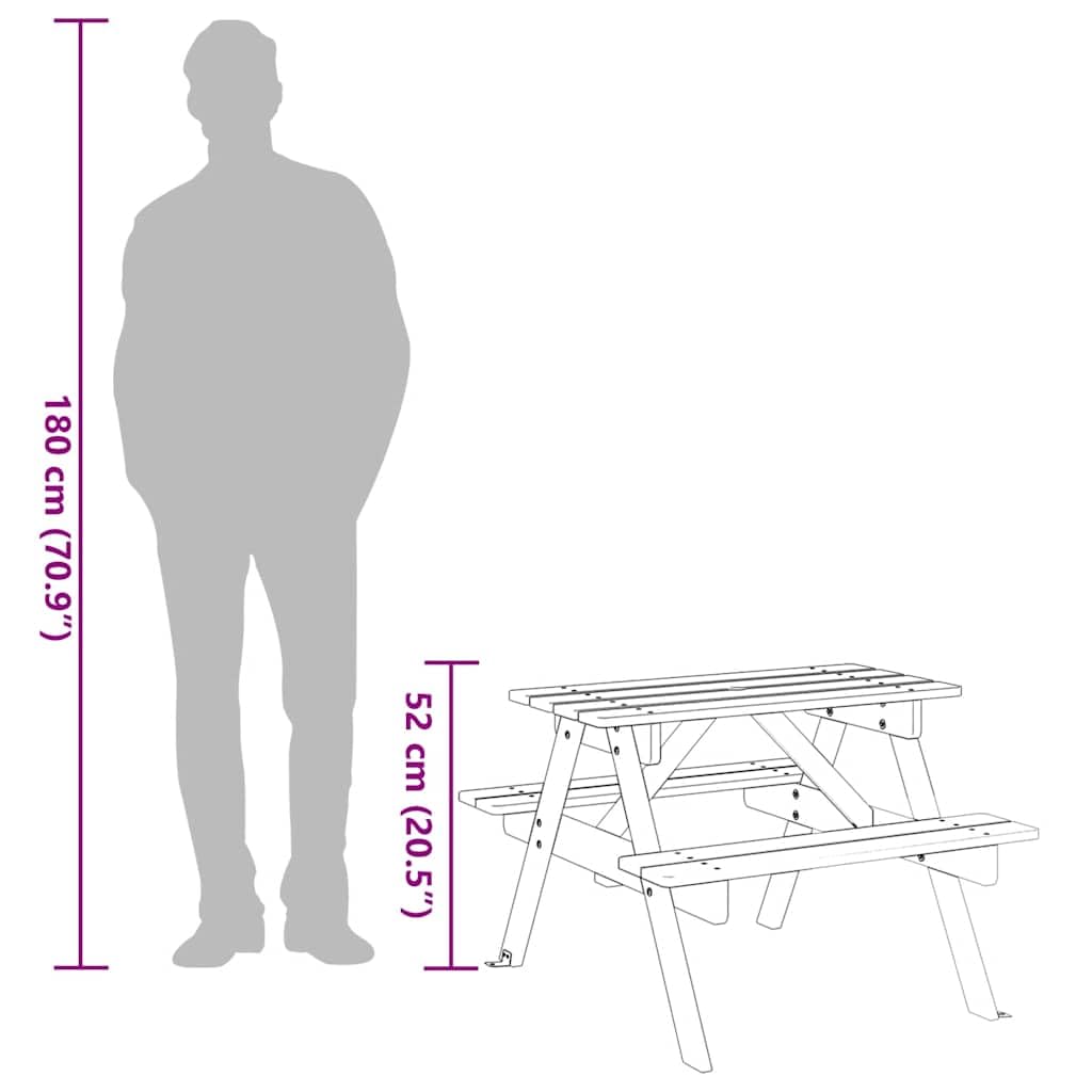 Tavolo da picnic per 4 bambini, in legno di abete massiccio con foro per ombrellone, 71 x 79 x 52 cm, struttura a forma di A, per giardino, terrazza, balcone, veranda, campeggio, barbecue