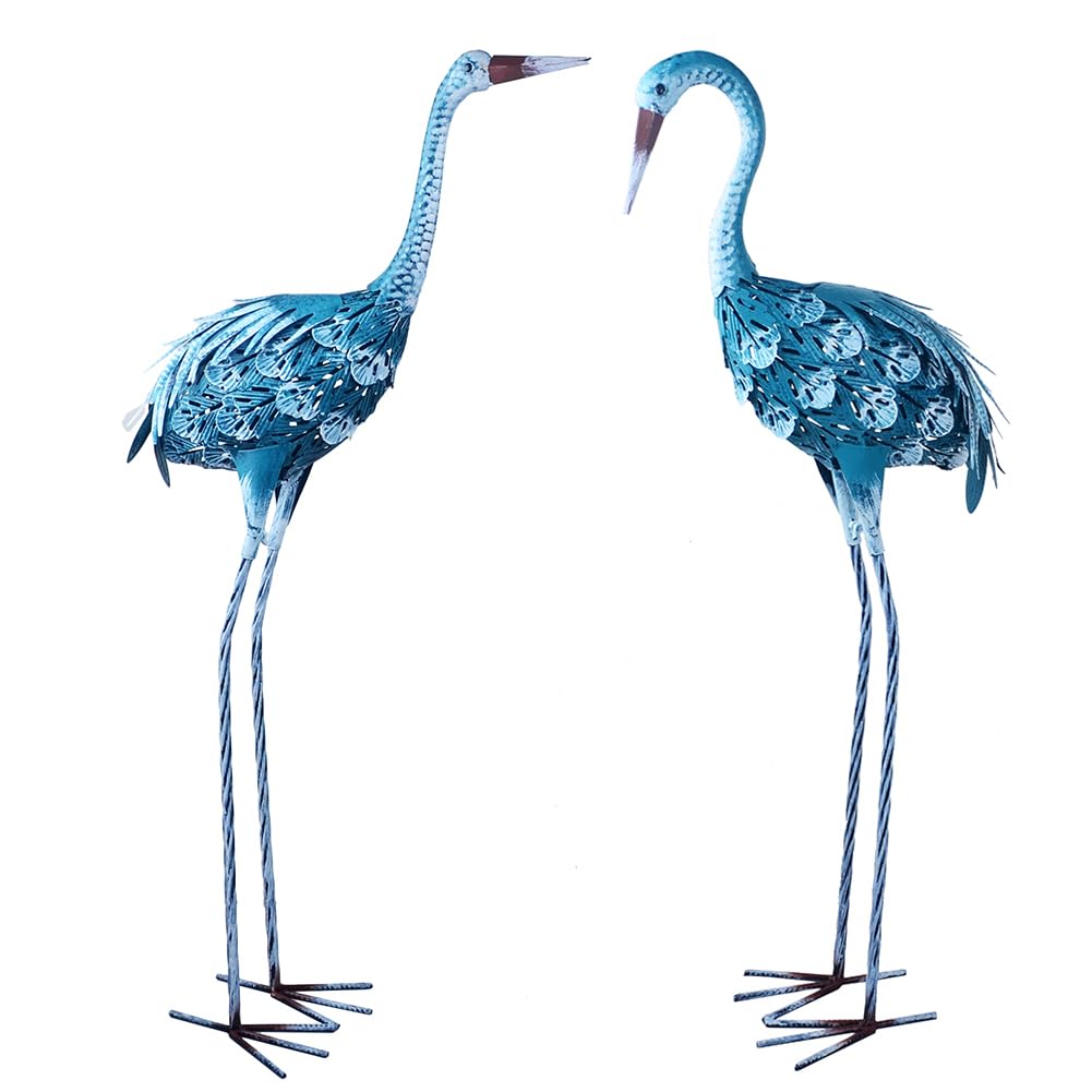 Statues de grue en métal pour décoration de jardin et extérieur en lot de 2