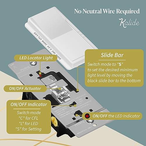 TOPGREENER Kalide Dimmer Light Switch, LED Dimmer Switch, Full Range Dimming, Single Pole/3-Way, 120VAC, 60Hz, 300W LED/CFL, Neutral Wire Not Required, Wall Plate Included, White - Thumbnail 4