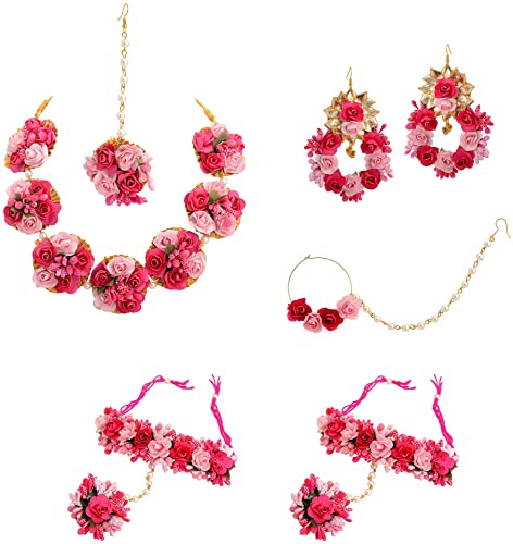 Paru Fabrics Artificial Flower Jewellery Set for Haldi Baby Shower, Mehndi Godbharai Gota Patti Necklace Set With Maang/Tikka/Earrings/Bangles/Finger Ring, Haldi, Fashion Jewellery