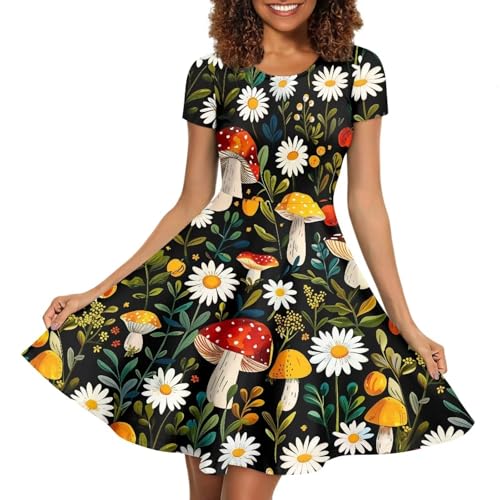 Image of HUGS IDEA Womens Puffy Swing Midi Dress Round Neck Short Sleeve Party A-Line Dresses