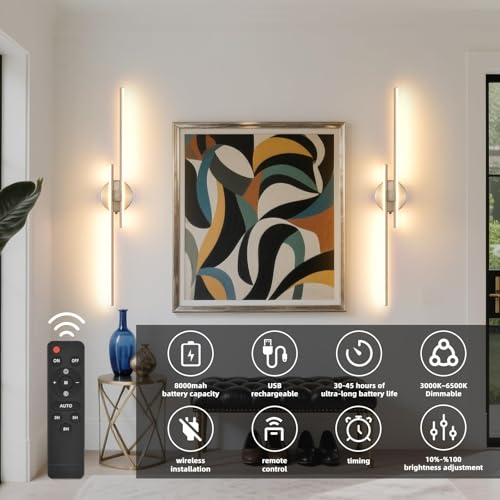 Image of Battery Operated Wall Sconce set of 2, USB Rechargeable Wireless Sconces with Remote Control, LED Dimming Wall Lamp 3 Color /Timer /Memory, 31.4 inch Brushed Nickel Wall Lights for Bedroom Living Room