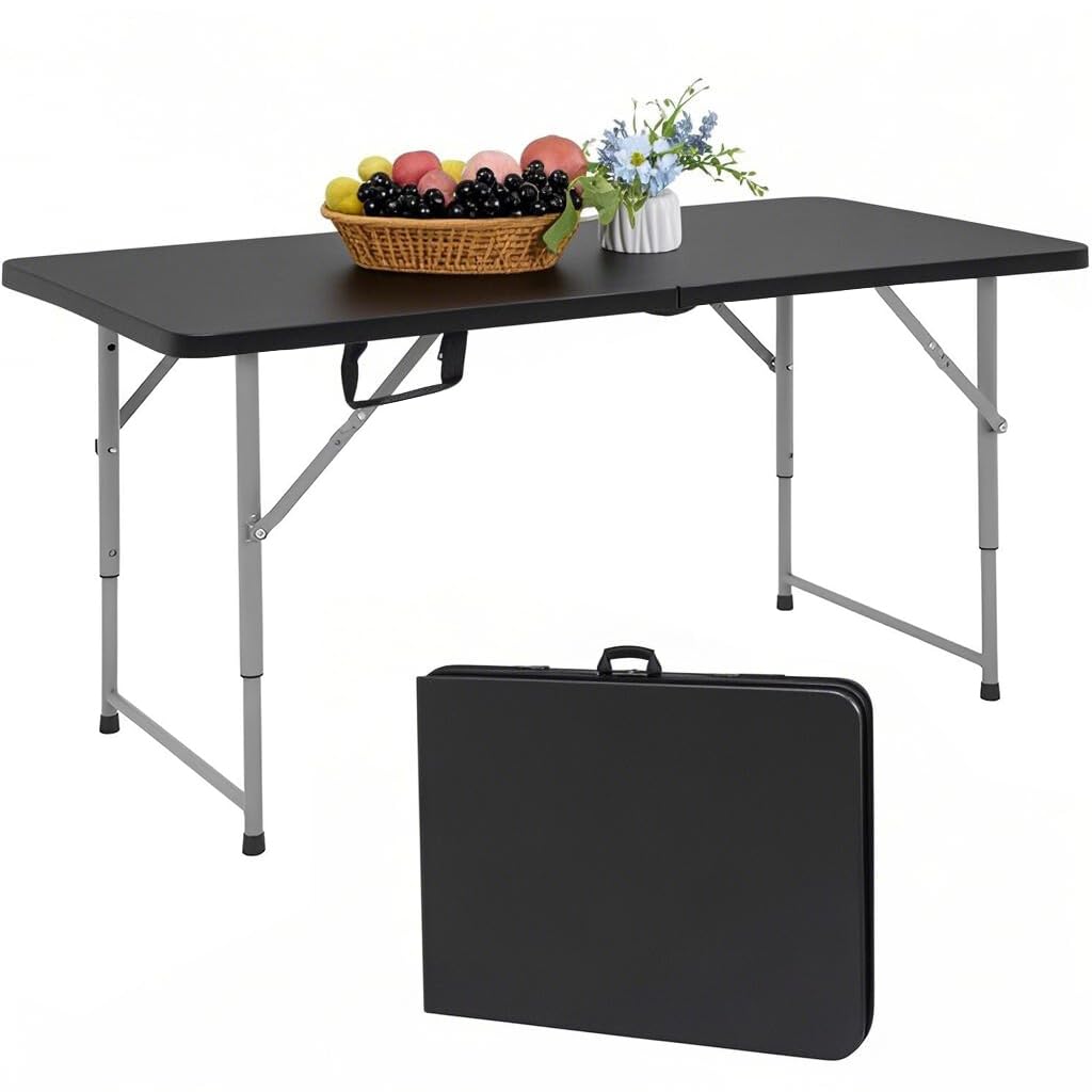 Folding Table 4 Foot - Portable Heavy Duty Plastic Fold-in-Half Utility Table Small Indoor Outdoor Adjustable Height Folding with Carrying Handle, Camping and Party Black
