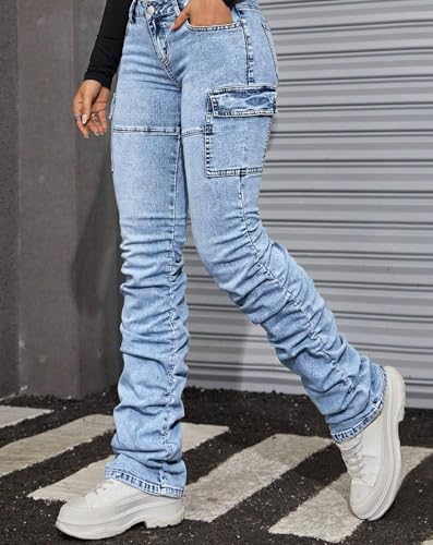 Women's Stacked Jeans Mid Rise Bootcut Skinny Stretchy Denim Pants Trousers3