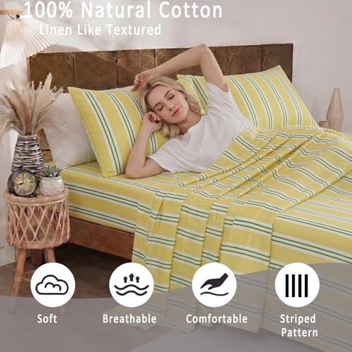 Image of Merryword 100% Cotton Sheet Set Queen Size, Yellow & Green Stripes Bedding, Soft Breathable Percale Weave, Modern Minimalist, Luxury Linen Like, Deep Pocket Fitted Sheet 17.5 inch