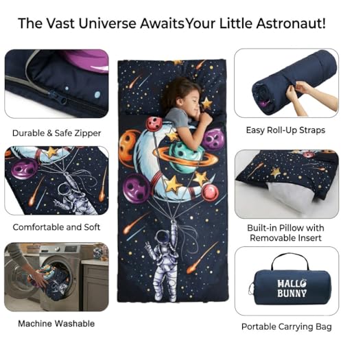 Image of Kids Sleeping Bag - 61 inch Extra-Long Slumber Bag with Detachable Pillow - All Seasons for Older Children & Girls - Large Portable Indoor Bedding for Home, Travel & Naps