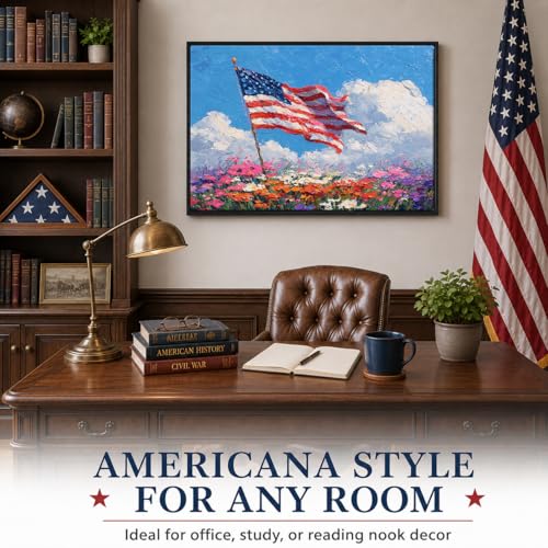 Image of American Flag Framed Canvas Wall Art, 4th of July Floral Canvas Prints, Wildflower Landscape Patriotic Decorations, Vintage Rustic Independence Day Wall Decor for Bedroom Living Room Office 24x36