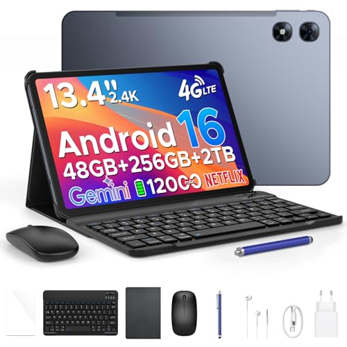 POPUX P13PRO Tablet, Tablet 13.4 Pulgadas, 48GB RAM 256GB ROM, Tablets Android 16 con Gemini AI, 120Hz, 12000mAh, 16MP+8MP, Ultra Thin 7.7mm Body, 4G LTE, Tablets con Teclado, Auriculares 3.5mm Gris
