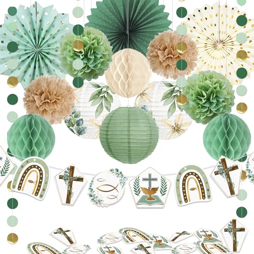 Kommunion Deko,Taufe Deko,Konfirmation Deko, Geeignet für Jungen und Mädchen.Grünes Gold Thema Banner,pompons, Papierlaternen,Papierwabenball-Syoulin