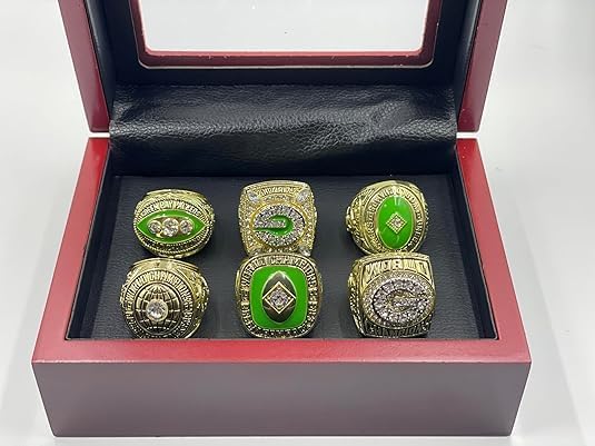 NATIONAL FOOTBALL CHAMPIONSHIP RING 1961 1965 1966 1967 1996 2010 GREEN BAY ，SIX CHAMPIONSHIP RINGS WITH WOOD BOX GIFT FOR CHRISTMAS AND BIRTHDAY