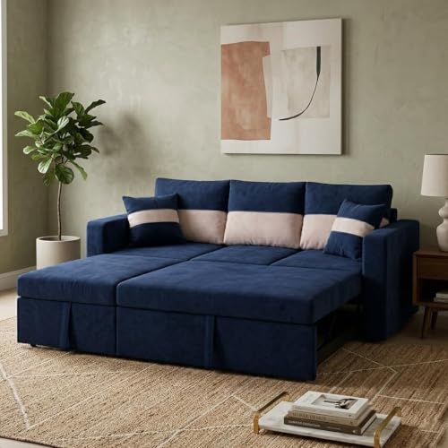 Image of FURNY Soria 4 Seater LHS Lounger Sofa Cum Bed (Dark Blue - Cream) with Pull-Out Function | Luxury Velvet Suede Finish | Durable Comfort | Ideal for Living Room