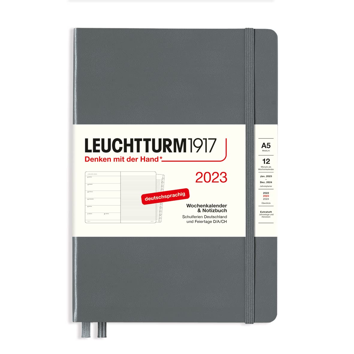 LEUCHTTURM1917 365675 Weekly Calendar & Notebook Medium (A5) 2023, 12 Months, Anthracite, German, gray