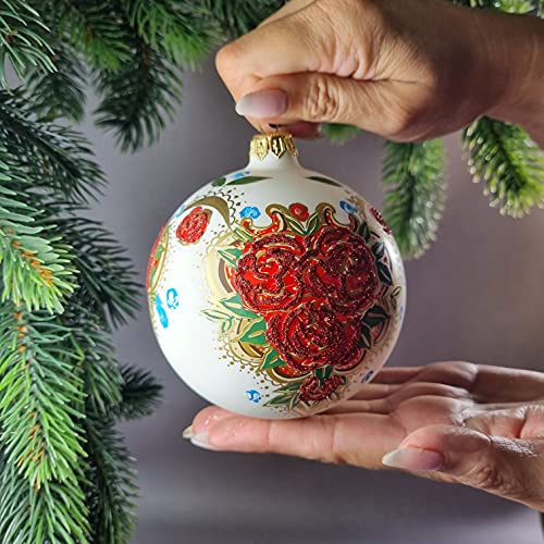 Silverado Christmas Ornament made of glass, 10 cm ball, white with folk flowers motive, Multicolour - Image 3