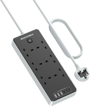 Extension Lead with 6 USB 3 USB C, 6 Way Surge Protected, Black, 2M