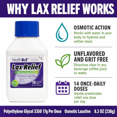 Image of HealthA2Z Lax Relief PEG 3350 17g, Osmotic Laxative, Unflavored, 8.3 oz