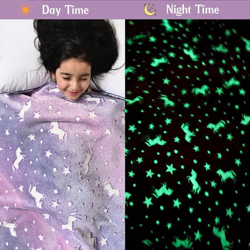 Image of Glow Blanket for Kids 200x150 cm, Purple Unicorn Glow in The Dark Blanket, Soft Flannel Fleece All Season Kids Blanket, Birthday Gift for Boys & Girls