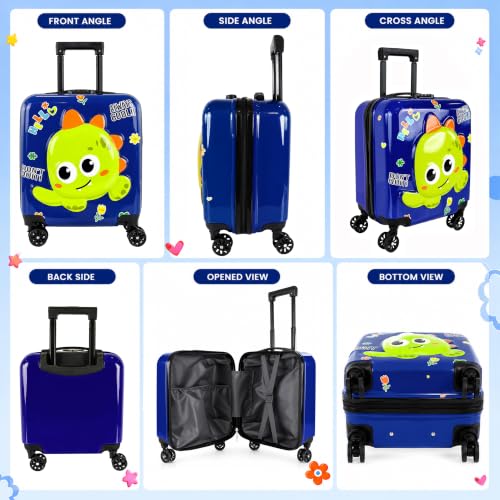 Image of Storite 18In Kids Luggage Trolley Hard Shell Cabin Suitcase | Cartoon Dinosaur Design Suitcase Ideal For School Trips Vacations Holidays And Weekend Travel (Navy Blue - 35 x 23 x 38 Cm)