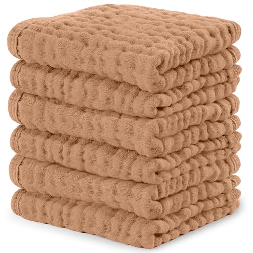 Image of Comfy Cubs Muslin Baby Washcloths 6 Pack - Soft 6-Layer Cotton Wash Cloths for Sensitive Skin - 10"x10" Large, Gentle, Absorbent Infant Essentials for Newborn and Toddlers - Caramel