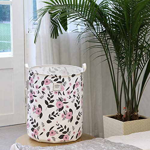 Sea Team 19.7" X 15.7" Large Sized Folding Cylindric Canvas Fabric Laundry Hamper Storage Basket With Floral Pattern, Pink & Black #TOP6