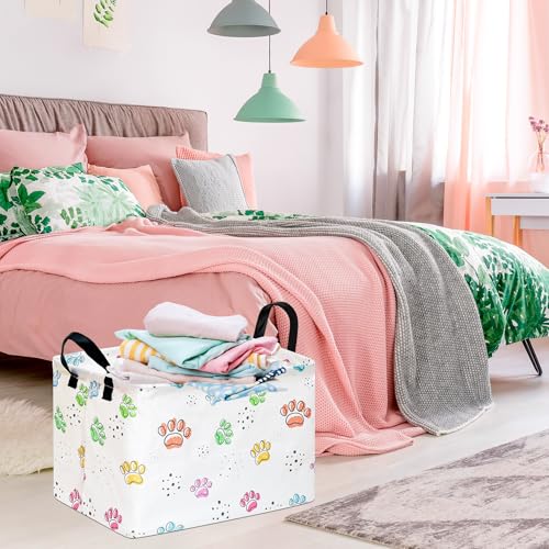 Image of Baby Storage Basket,Colorful Dog Paw Print,Waterproof Lining, Leather Handles, Collapsible for Kids Toys, Pets Supplies, Gift Basket