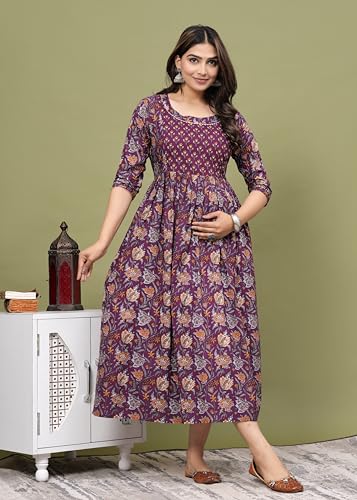 Image of Women's Feeding Kurta Cotton | Floral Anarkali Pregnancy Kurta with Nursing Zipper | Pre & Post Partum | Maternity Dresses | Mom to Be Gift