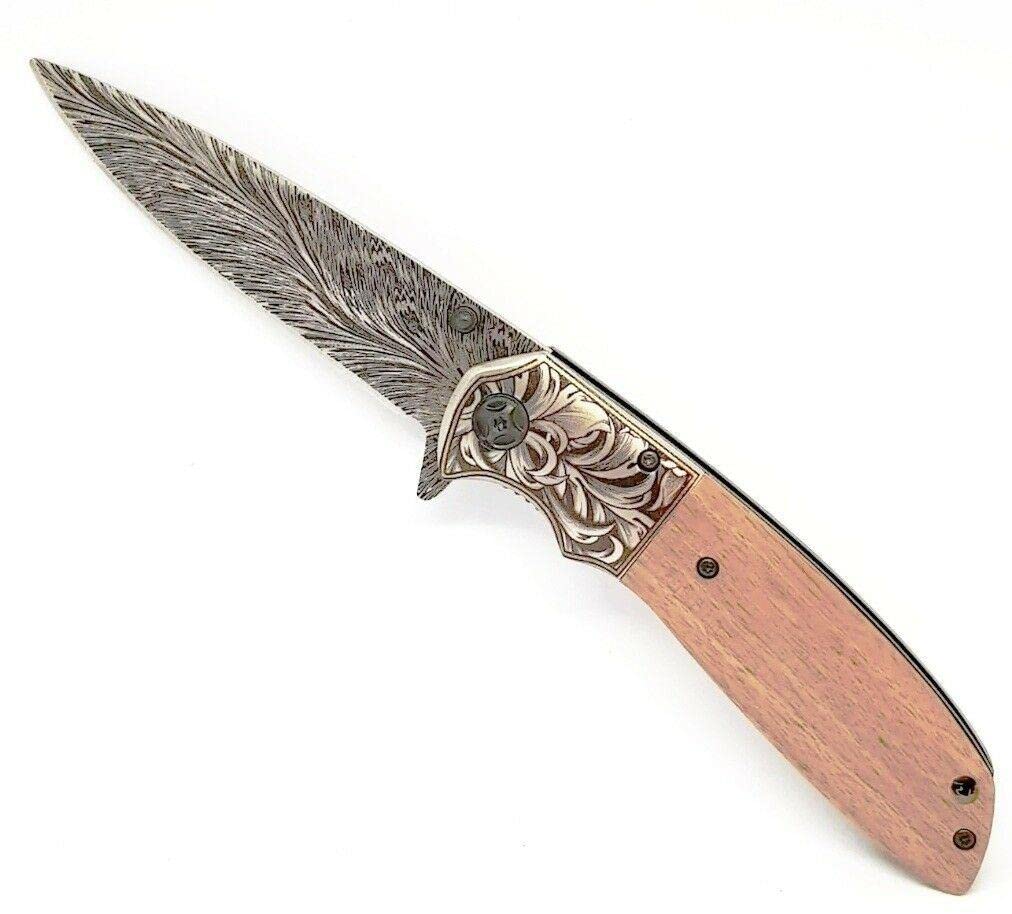 COLTELLO ColtellinoDAMASCO DAMASCATO DA COLLEZIONE MANICO IN LEGNO TASCABILE RICHIUDIBILE