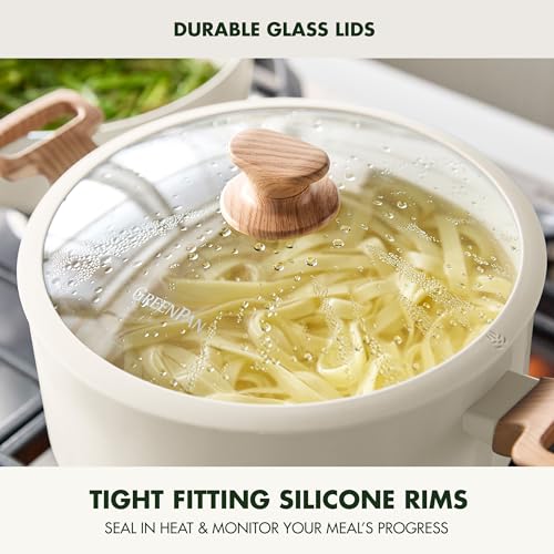 Image of GreenPan Rio Essence Wood 10 Piece Cookware Pots and Pans Set, Healthy Ceramic Nonstick, PFOA & PFAS-Free Coating, Induction, Silicone Rim Lids, Stay-Cool Wood Print Handles, Dishwasher Safe, White