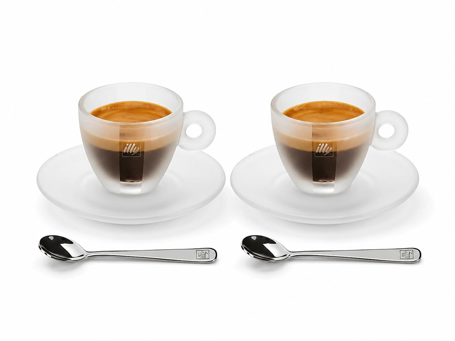 illy Iperespresso Experience Set mit 2 Tassen aus Glas mit Untertassen und 2 Löffeln | Design Matteo Thun, Löffel aus Stahl, transparent, kristallklar, verbessert die Creme, Set mit 2 Personen