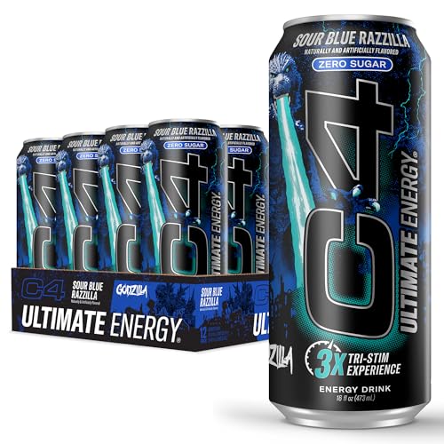 Cellucor C4 Ultimate | Pre Workout Sugar Free Energy Drink | Tri-Stim Experience with 300mg Caffeine + TeaCrine + Dynamine | Sour Blue Razzilla| 16oz (Pack of 12)