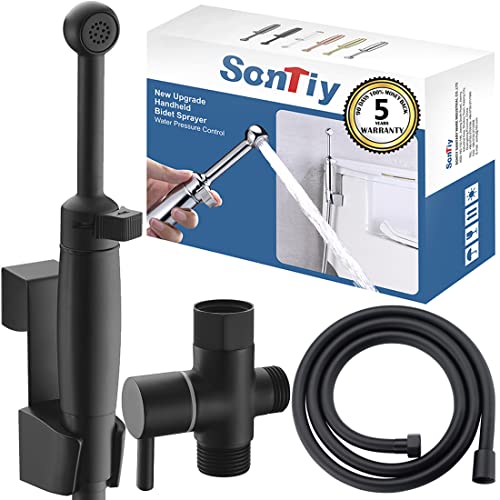 Handheld Bidet Sprayer Set, SonTiy Cloth Diaper Sprayer Bathroom Hand Held Jet Spray Bidet Faucet for Toilet with Adjustable Pressure Control, Matte Black, Solid Brass, Five-year warranty