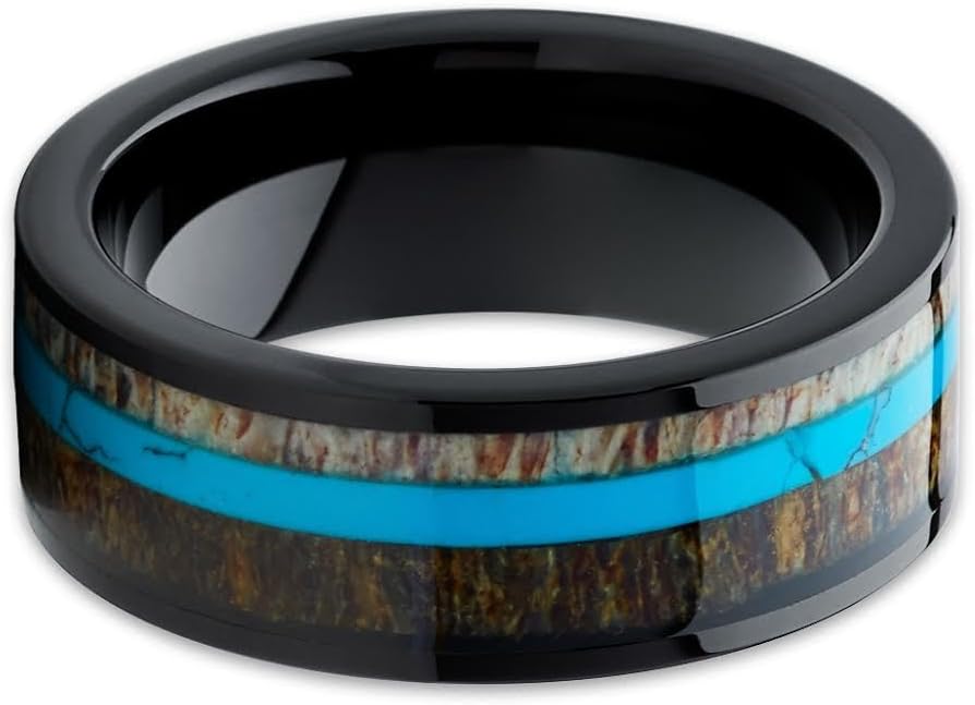 OVIEDO JEWELRY Deer Antler Wedding Ring, Turquoise Tungsten 8mm Black Anniversary & Engagement Ring, Unique Style Band - Image 2