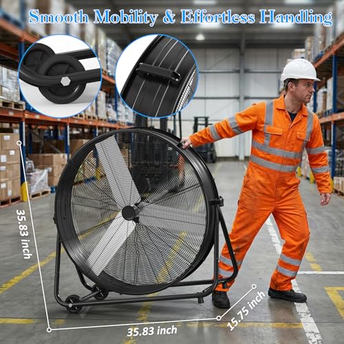 Image of LifePlus 36 inch Industrial Drum Fan, 21800 CFM 600W High Velocity 3-Speed Heavy Duty Metal Air Circulator with 360 Tilt, Casters Handle for Warehouse Factory workshops Patios Garage, Black