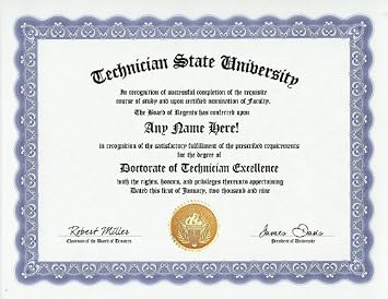 Technician Degree Custom Gag Diploma Doctorate Certificate Funny Customized Joke Gift - Novelty Item