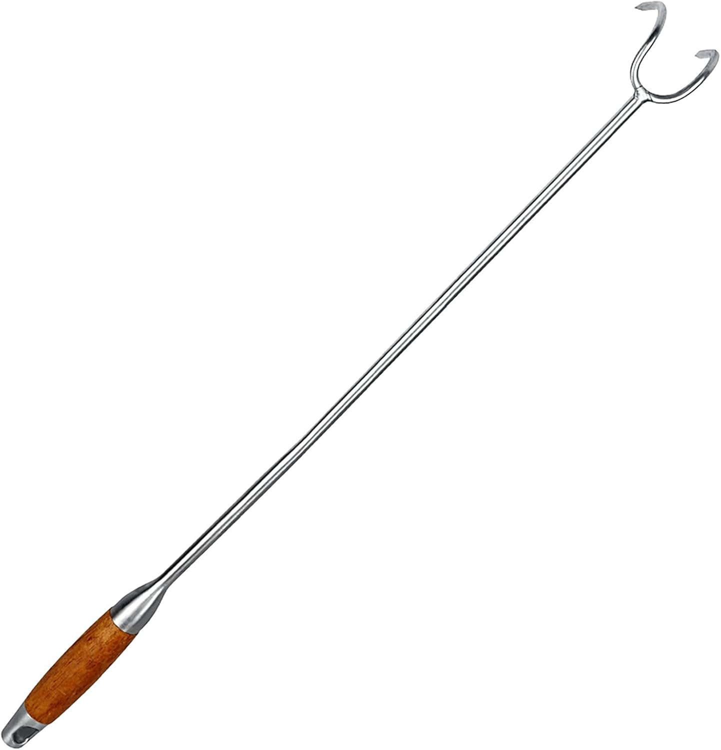 1 pcs 27.6'' Pigtail Food Flipper, with Double Hooks, Thickened SUS430 Stainless Steel, Extra Long Meat Turner, with Rose Wood Handle, Heavy Duty BBQ Meat Hooks, Large Sized Turkey Fryer Hook