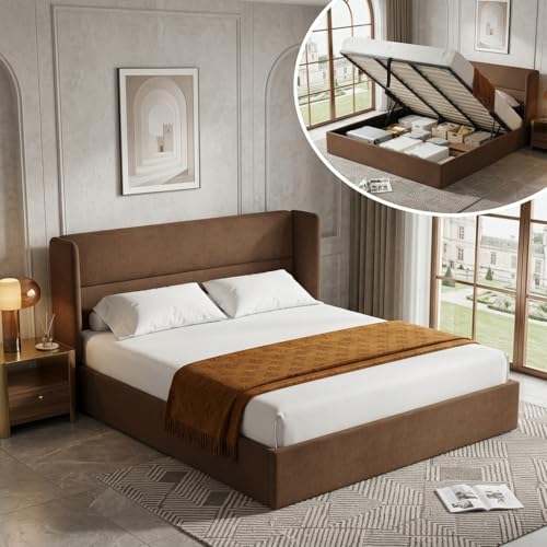 King Lift Up Storage Bed Frame, Modern Wingback Headboard, Coffee incomplete( box 1of 2 ) pick up one box