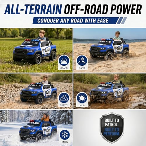 Image of 24V Licensed Dodge RAM Mammoth 1000 Ride On Police Car, 2-Seater Electric Ride On Truck with Remote Control, Power Wheels Toy Siren, Flashing Lights, Music, Bed Storage, Gift for Boys Girls, Blue