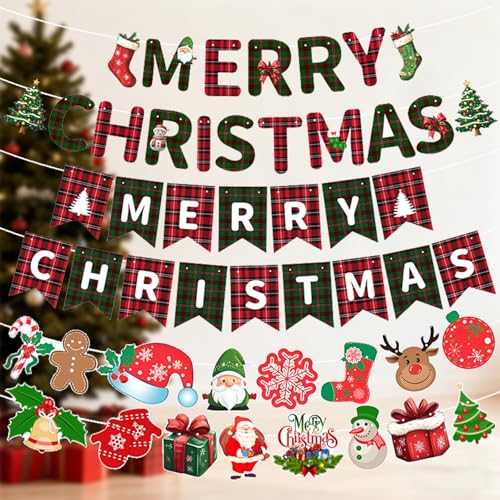 Decoraciones para fiestas navideñas, juego de 56 piezas de decoración navideña, pancarta de Feliz Navidad con Papá Noel, muñeco de nieve, árbol de Navidad y calcetines para fiestas navideñas